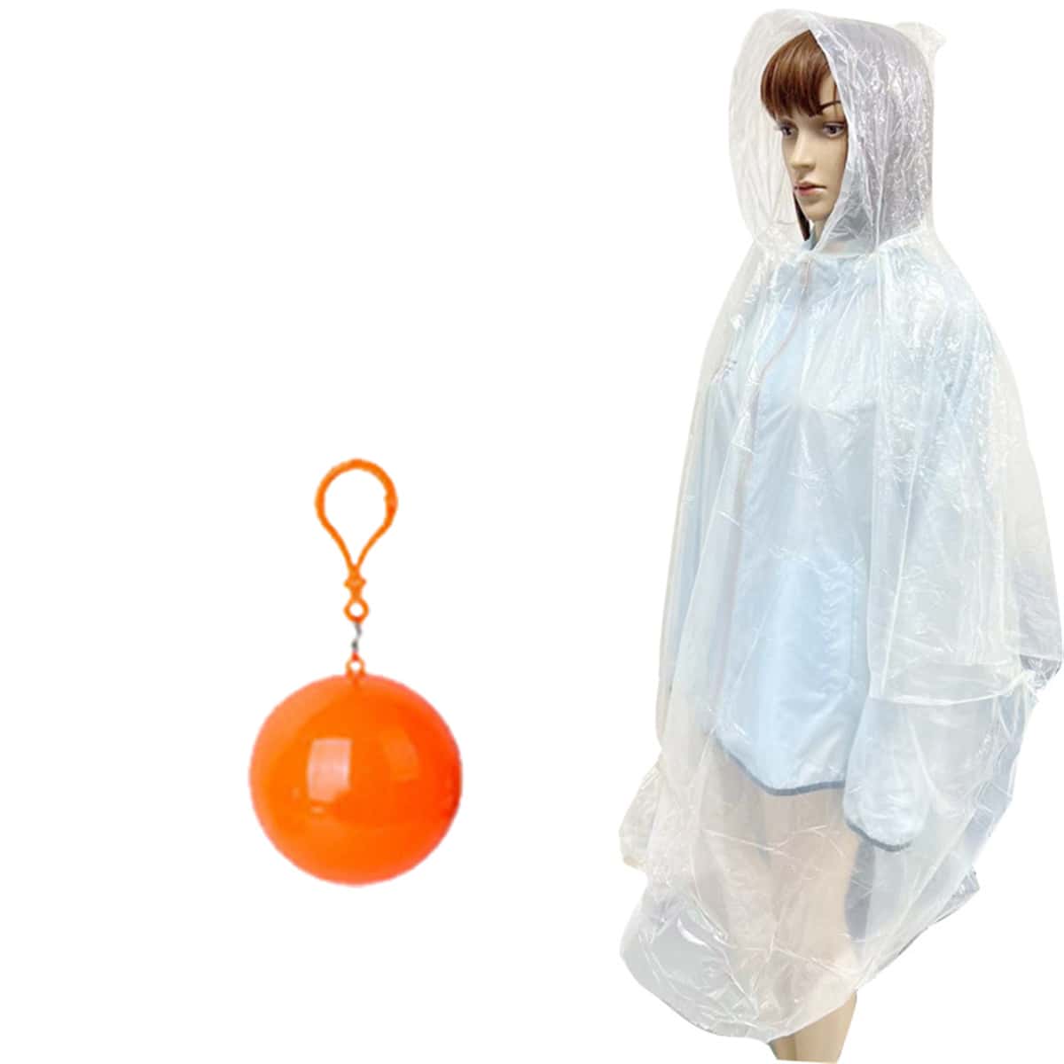 1pc Portable Transparent Disposable Raincoat, Hooded Rain Poncho With Ball For Adults - Orange - View 1