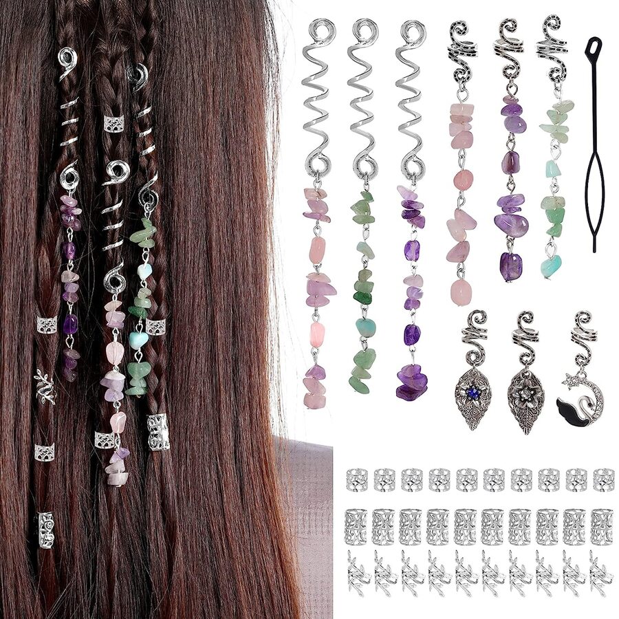 40pcs Braiding Hair Accessories, Cecillia Natural Color Crystal Stone Hair Braiding Decor Metal Hair Jewelry Silver Lock Hair Spiral Sleeves Ring Women's Hair Styling Decoration - Multicolor - View 1