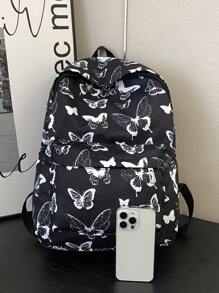 Mochila de mujer de unicolor y de moda, mochila escolar clásica de gran capacidad con estampado de mariposa, mochila casual multifunción para uso diario, regalo de San Valentín - Multicolor - Ver 3