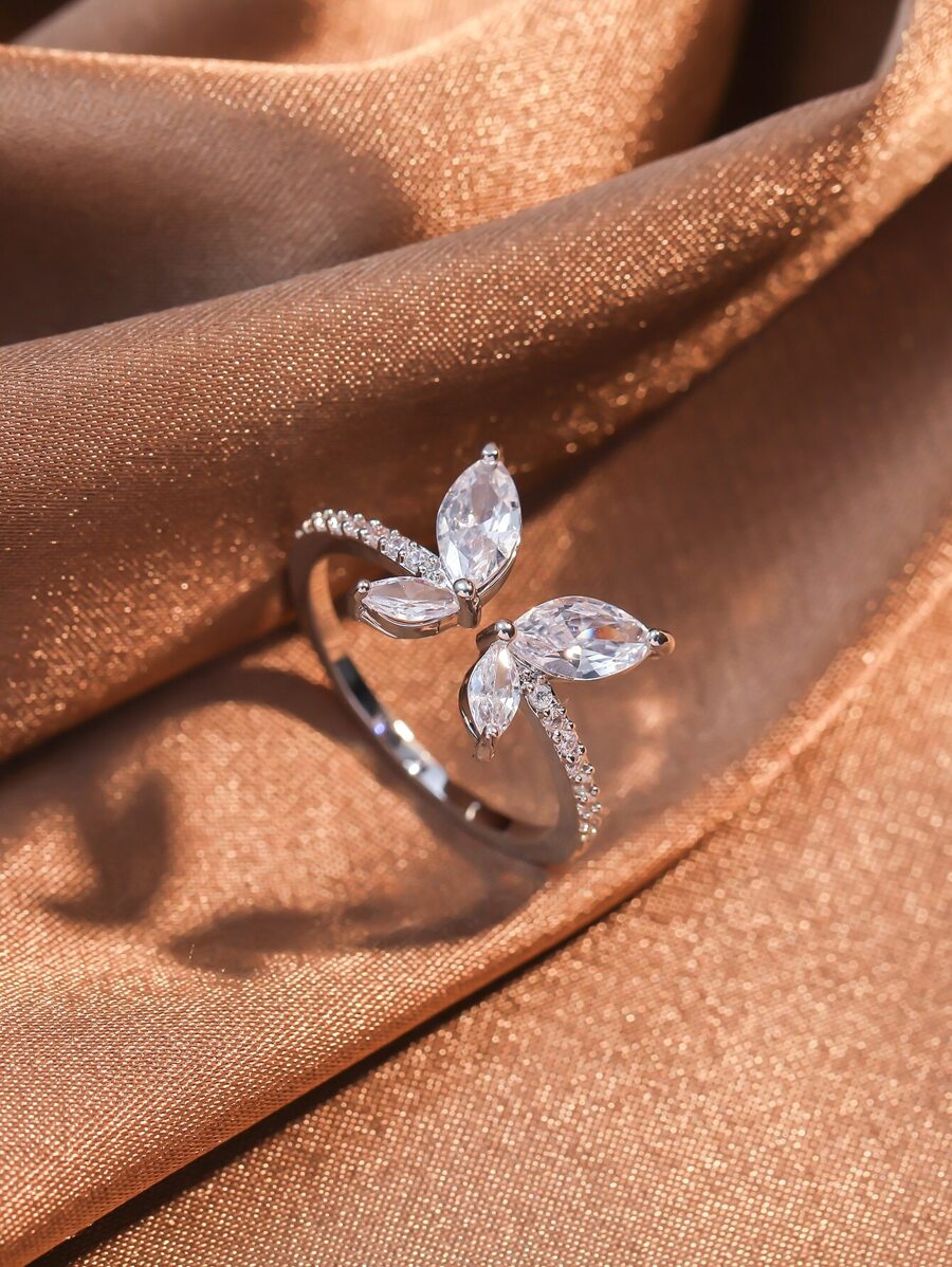 1 pezzo Anello alla moda doppio a forma di farfalla regolabile decorato con zirconia cubica per donne