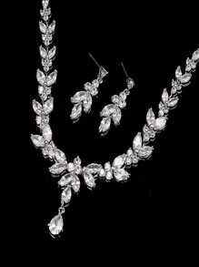 1set Bridal Jewelry Set With Leaf Pendant Necklace And Earrings, Fashionable Party Dress Accessories Halloween - Silver - View 4