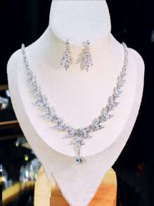 1set Bridal Jewelry Set With Leaf Pendant Necklace And Earrings, Fashionable Party Dress Accessories Halloween - Silver - View 2