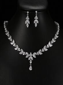 1set Bridal Jewelry Set With Leaf Pendant Necklace And Earrings, Fashionable Party Dress Accessories Halloween - Silver - View 1