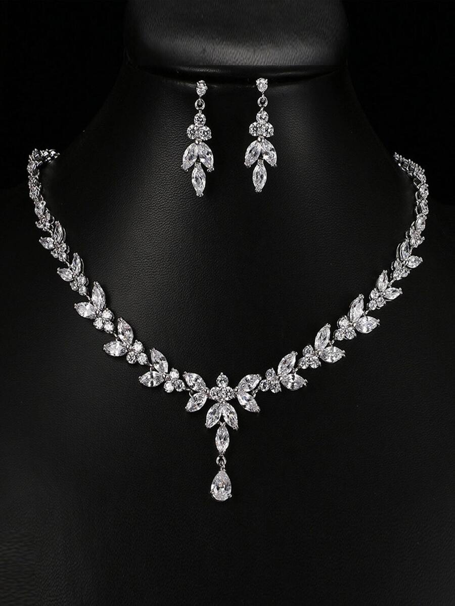 1set Bridal Jewelry Set With Leaf Pendant Necklace And Earrings, Fashionable Party Dress Accessories Halloween - Silver - View 1