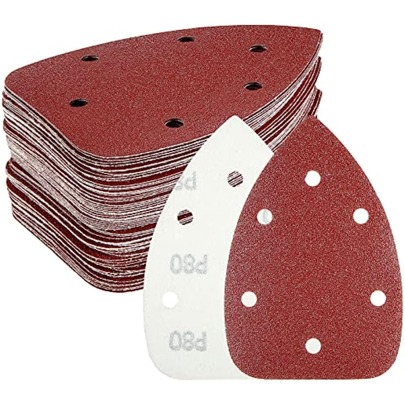 60PCS Triangular Sander Sandpaper, HYCHIKA Detail Sander Sandpaper Assorted 60/80/100/120/180/240 Grits with 6 Holes for Wood Sanding, Fit 3.92inch Qscillating Multi Tool Sander Machine