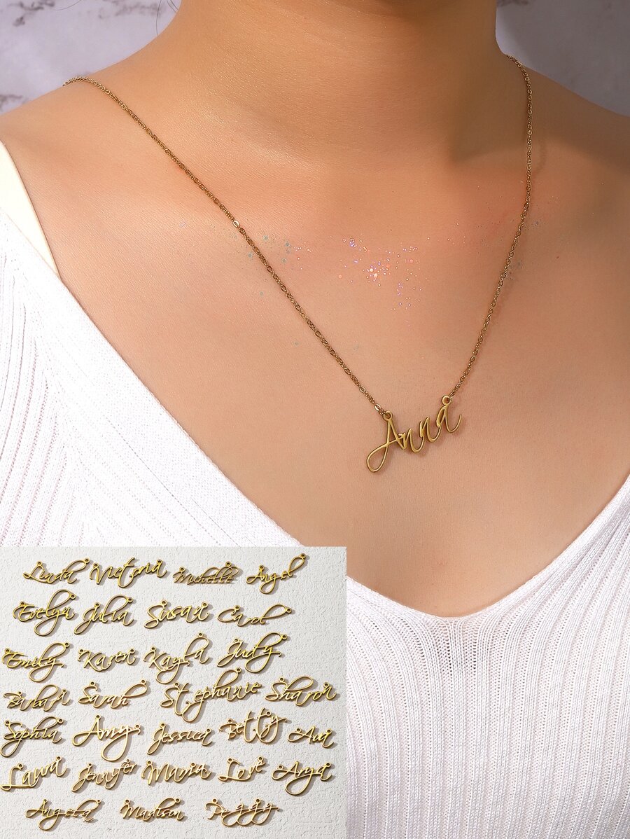 1入組簡約風和時髦個性化字體女性姓名吊墜項鍊 - 金黃色 - 查看 1