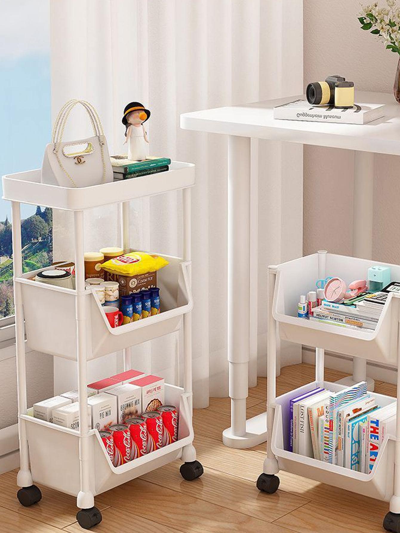 1 Set 4 Layers Storage With Lid And Hooks, Color White, Pink And Gray