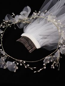 網紗和人造珍珠裝飾婚禮面紗和髮帶