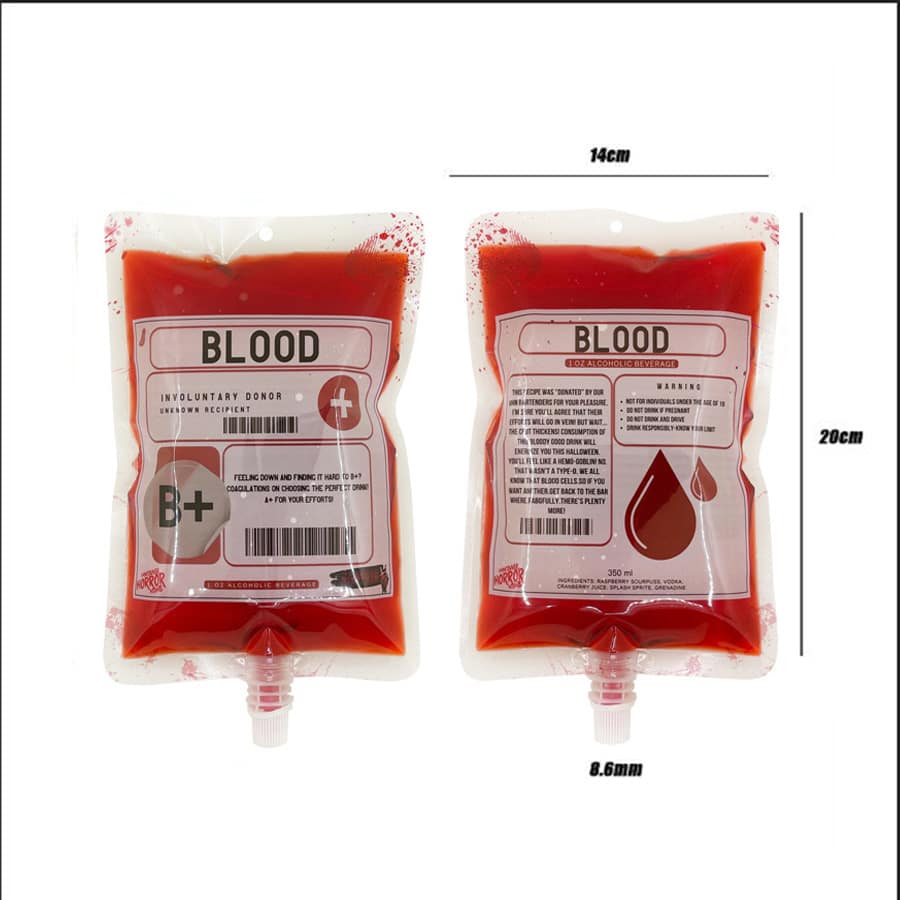 20pcs 350ml Pet+pp Cap With Straw Bag As Gift: 2pcs Plastic Hooks & 1pc Funnel, Creative Blood Type Halloween Pattern Portable Beverage Bag Suitable For Halloween Parties At Bars - blood type B - View 1