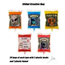 20pcs 350ml Pet+pp Cap With Straw Bag As Gift: 2pcs Plastic Hooks & 1pc Funnel, Creative Blood Type Halloween Pattern Portable Beverage Bag Suitable For Halloween Parties At Bars - blood type B - View 2