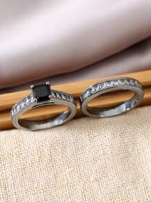 2pcs Fashionable Personalized Double Row Black Diamond Couple Rings - Gun Black - View 4