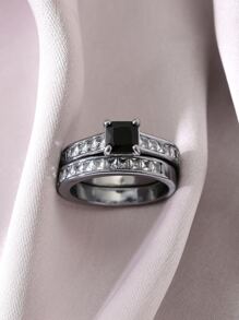 2pcs Fashionable Personalized Double Row Black Diamond Couple Rings - Gun Black - View 1