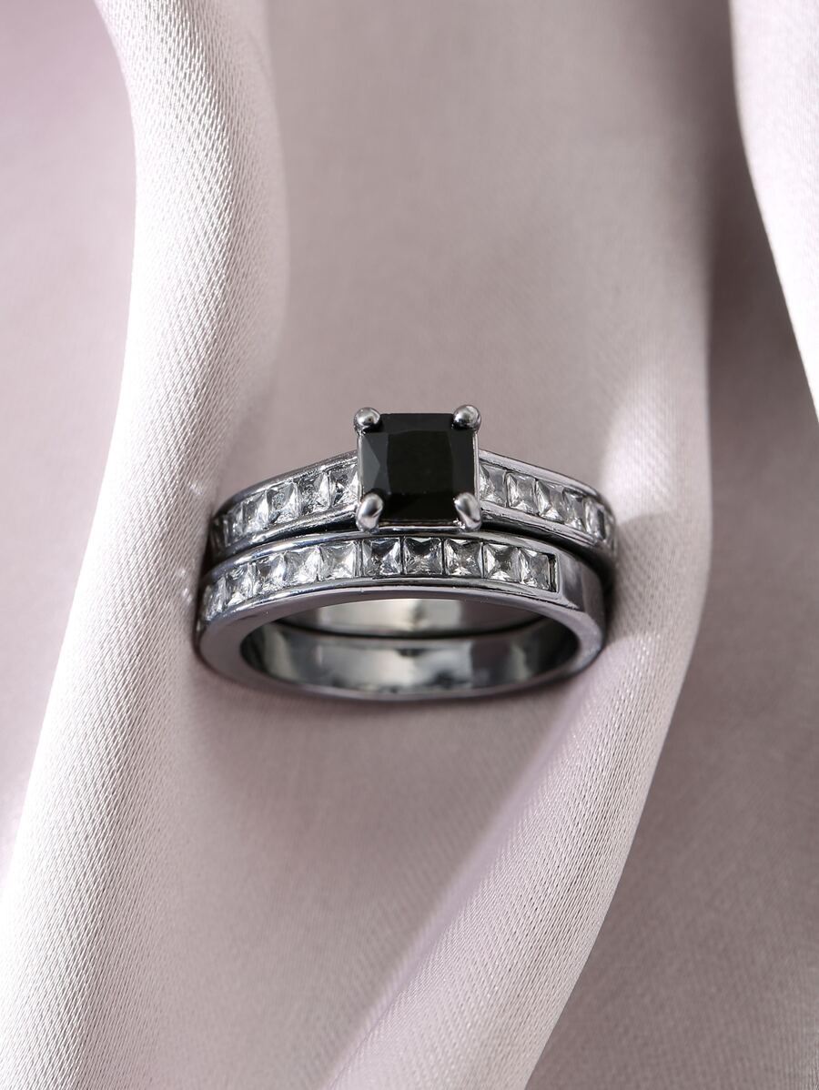 2pcs Fashionable Personalized Double Row Black Diamond Couple Rings - Gun Black - View 1