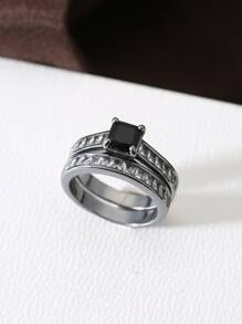 2pcs Fashionable Personalized Double Row Black Diamond Couple Rings - Gun Black - View 3