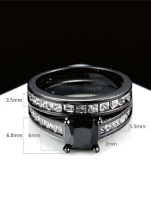 2pcs Fashionable Personalized Double Row Black Diamond Couple Rings - Gun Black - View 2
