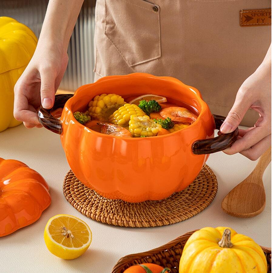 1set Large Capacity 50oz Ceramic Soup Pot With Lid, Creative Pumpkin Shaped Double Handle Soup Bowl & Noodle Bowl, Home Kitchen Large Soup Container - Brown - View 1