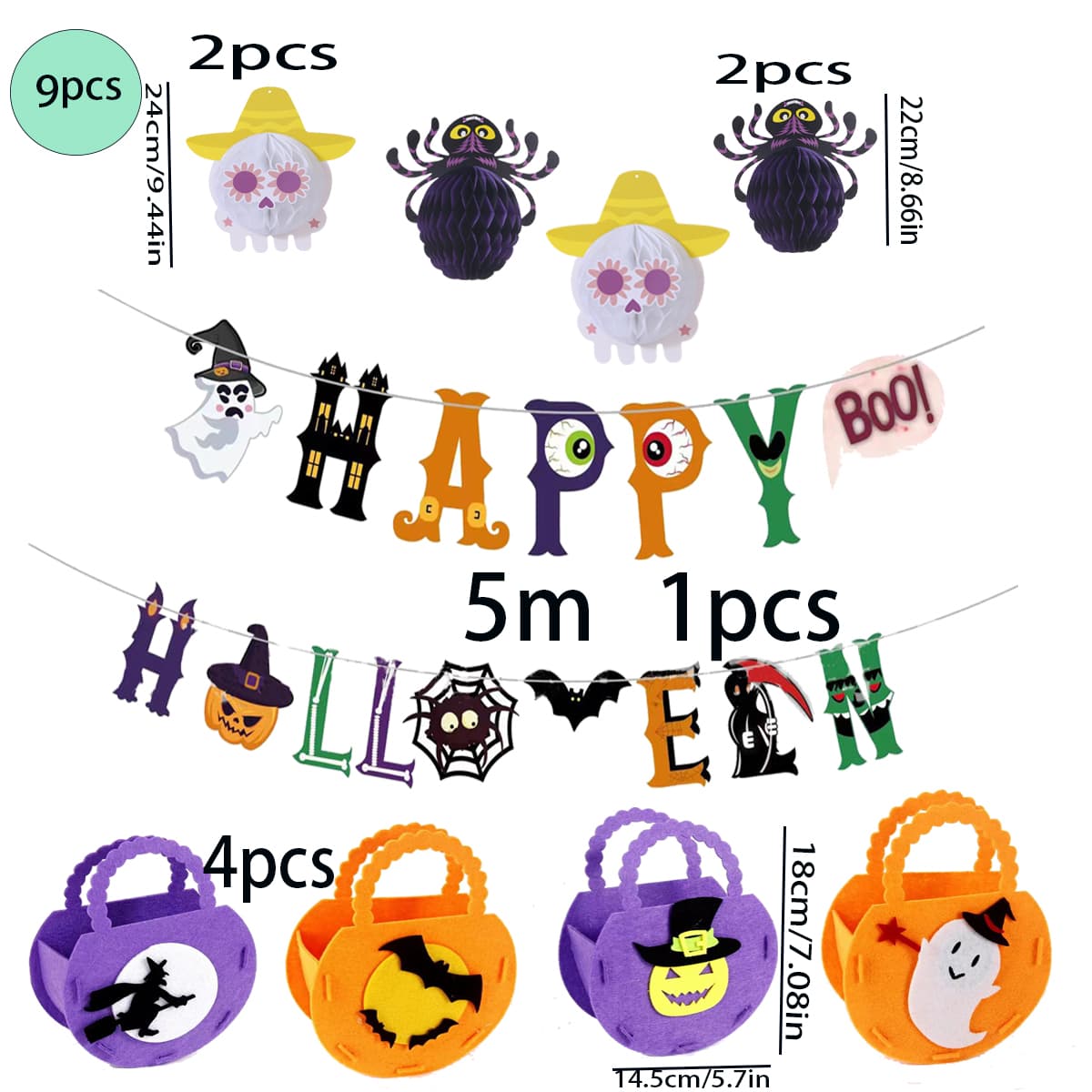 Halloween Party Supplies Set: 4pcs Honeycomb Balls, 1pc Banner, 4pcs Candy Handbags - 彩色 - 查看 1