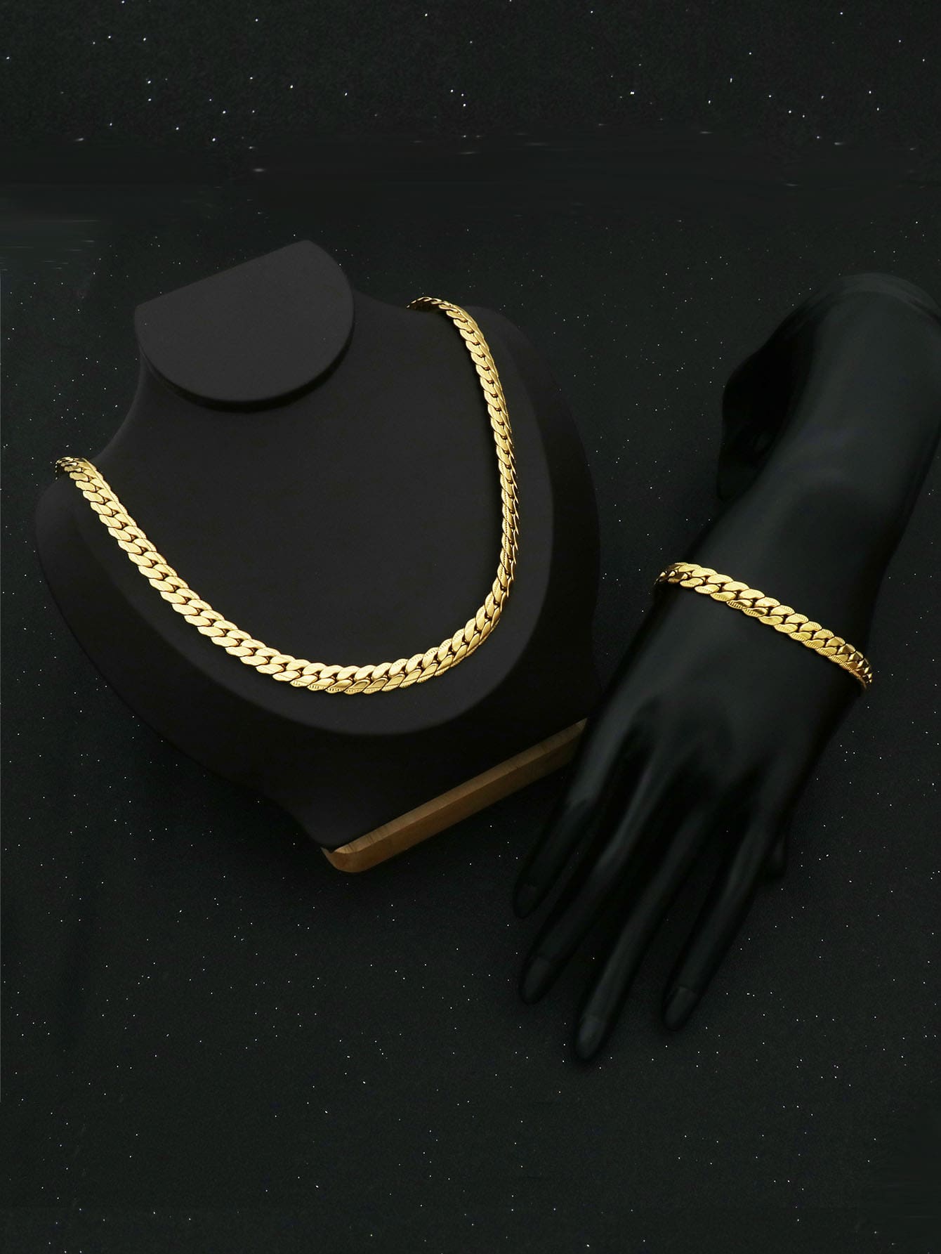 1 Set / 2 Stücke vergoldete Ketten-Halskette und Armband im Seitwärts-Design, 7 mm, aus Edelstahl Modeschmuck Set für Frauen und Männer, Hochzeitsgeschenk