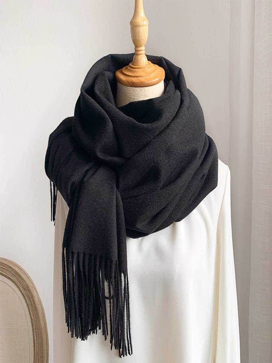 人造開司米冬季純色裝飾性保暖圍巾披肩,適用於女性休閒 - 黑色 - 查看 1