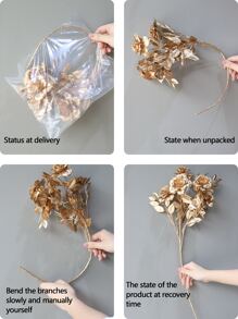 1支/2支/3支 60厘米 塑料镀金人造多叉玫瑰花，婚礼装饰，家居装饰，情人节，新年装饰 - 金色 - 查看 4