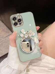 Floral Makeup Mirror Electroplated Phone Case, Compatible With IPhone 15 Pro Max/11/14 Pro Max/13 Pro Max/13 - Green - View 1