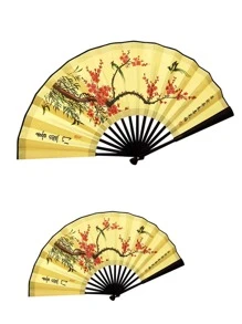 1入組中性中國傳統風格折扇,即可使用適用於室內裝飾用品,戶外遊玩,禮品或者跳舞表現,帶黃色的真絲織物和圖案 - 彩色 - 查看 1
