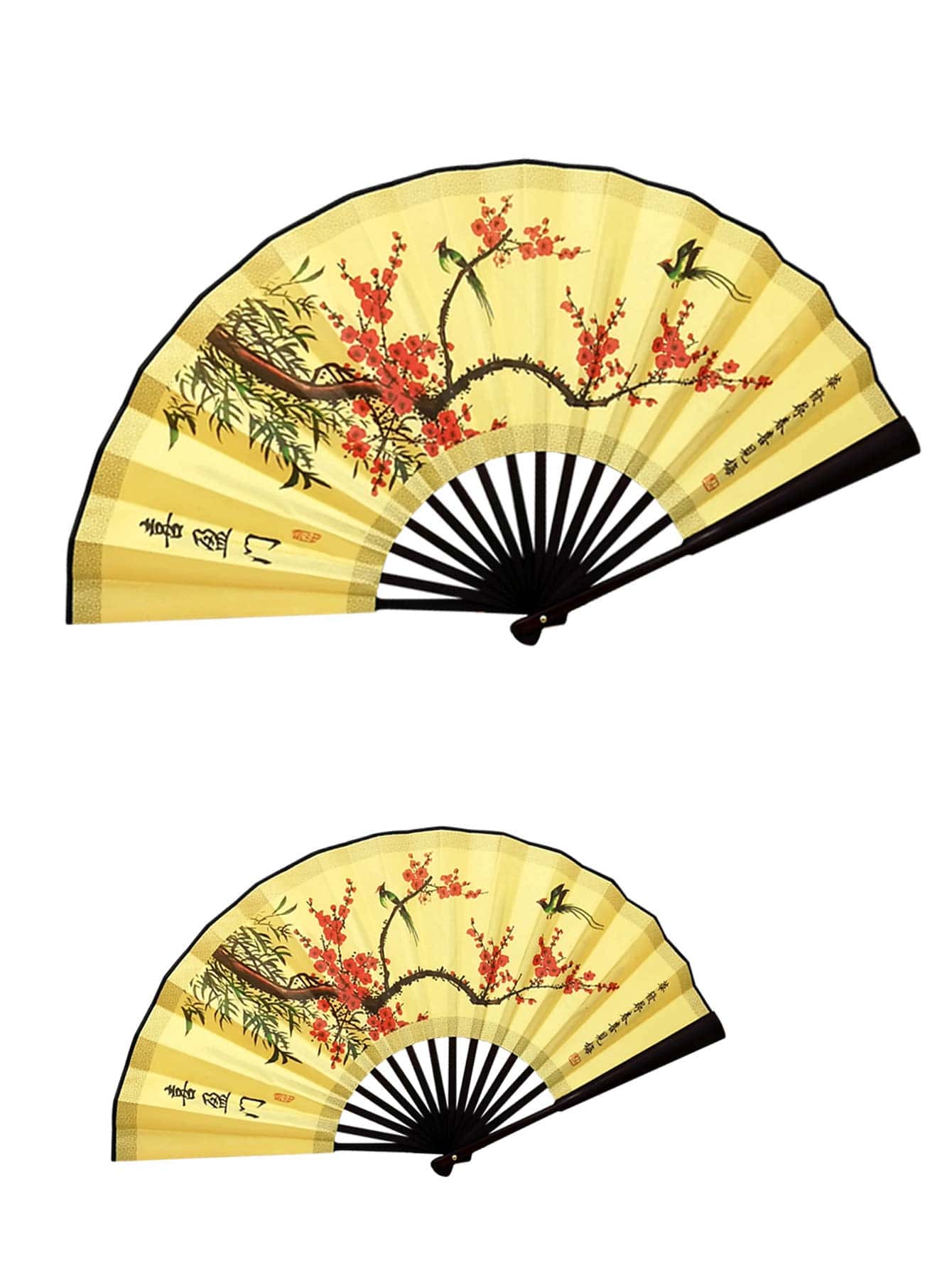 1入組中性中國傳統風格折扇,即可使用適用於室內裝飾用品,戶外遊玩,禮品或者跳舞表現,帶黃色的真絲織物和圖案 - 彩色 - 查看 1