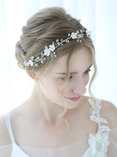 سلسلة مخلب الفضة مع قطعة زهرة مزخرفة بالراين والكريستال شريط للشعر، إكسسوار شعر الزفاف الأنيق تيارا قطعة واحدةرمضان