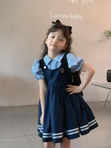 Tween 女童二合一学院风连衣裙、夏季无袖长裙、儿童服装 - 藍色 - 查看 1