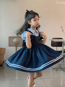Tween 女童二合一学院风连衣裙、夏季无袖长裙、儿童服装 - 藍色 - 查看 2