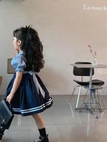 Tween 女童二合一学院风连衣裙、夏季无袖长裙、儿童服装 - 藍色 - 查看 3