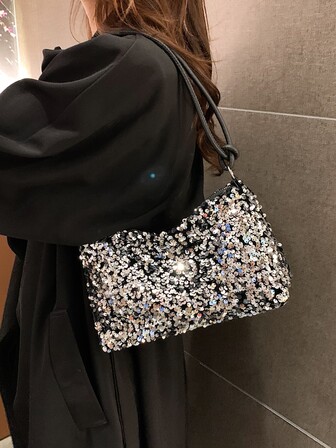 亮片装饰单肩方包，时尚又能放手机钱包