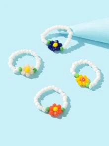 4pcs Bohemian Style Colorful Beaded Flower Ring Set For Women's Beach Vacation - Multicolor - View 2