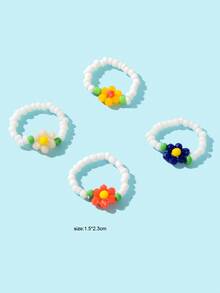 4pcs Bohemian Style Colorful Beaded Flower Ring Set For Women's Beach Vacation - Multicolor - View 3