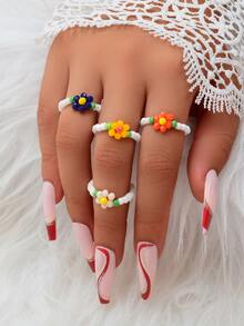 4pcs Bohemian Style Colorful Beaded Flower Ring Set For Women's Beach Vacation - Multicolor - View 1