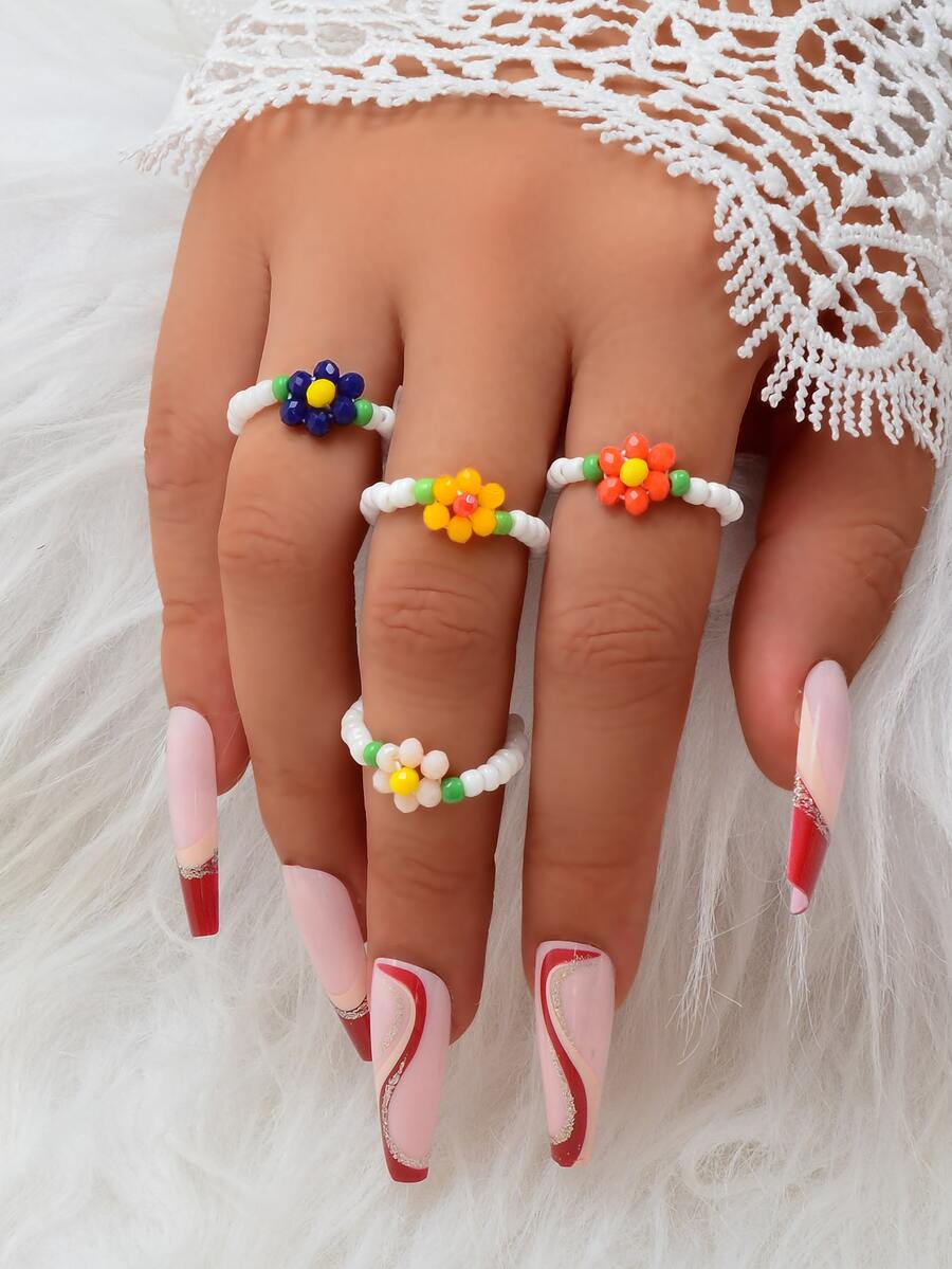 4pcs Bohemian Style Colorful Beaded Flower Ring Set For Women's Beach Vacation - Multicolor - View 1