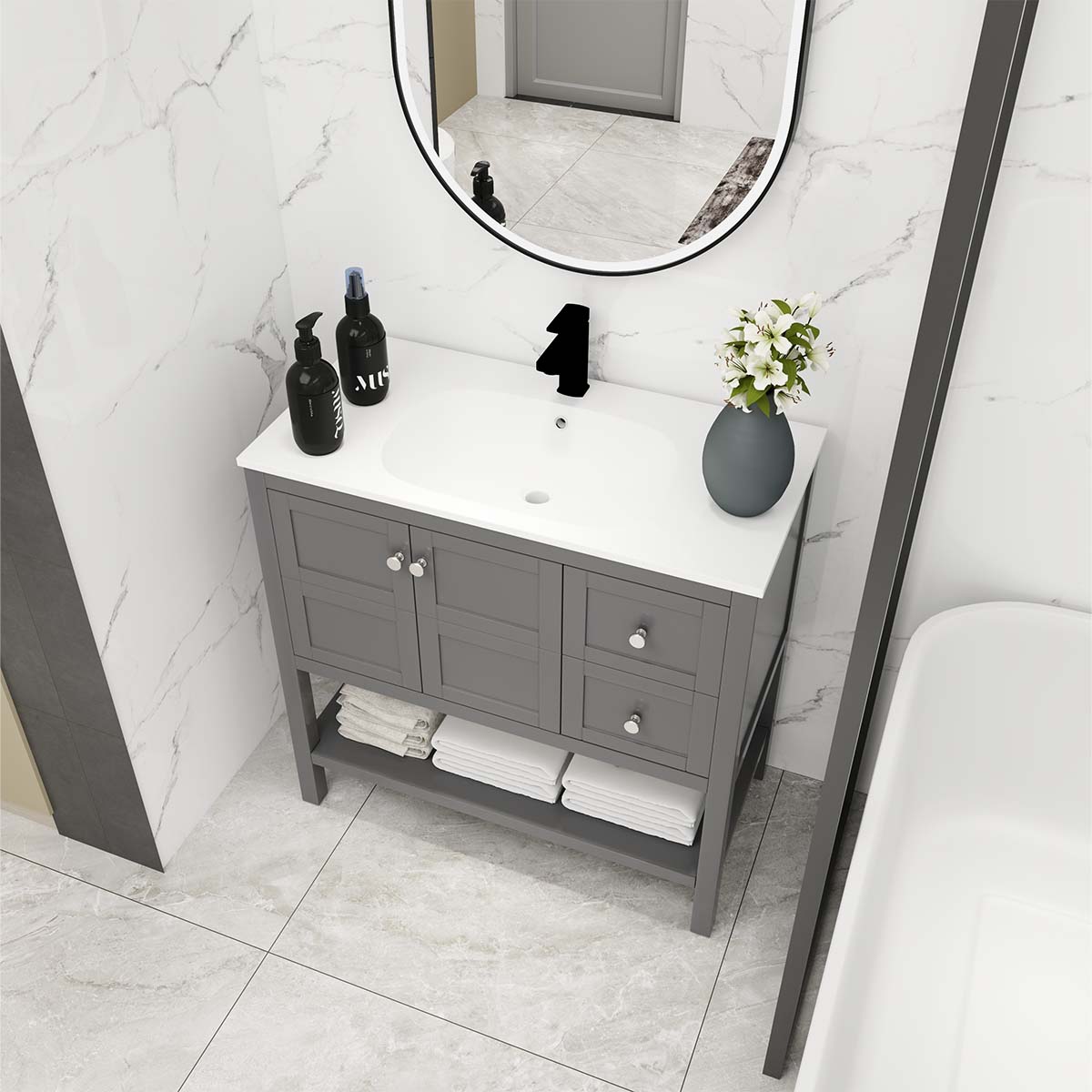 Merax Bathroom Vanity With Soft Close Drawers And Gel Basin, 36x18