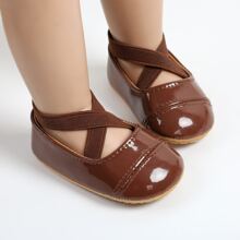 棕色 PU 皮革婴儿女孩公主鞋，平底，适合秋季和春季 - 棕色 - 查看 1