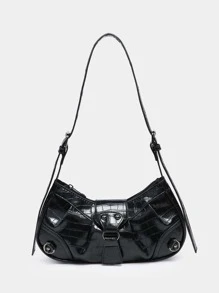 時尚鱷魚紋皮膚有圖案的腋窩包 - 黑色 - 查看 1