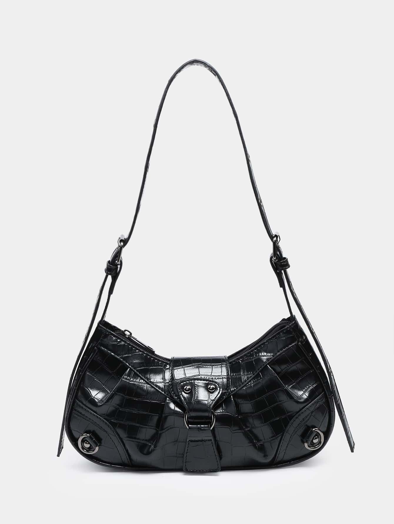 時尚鱷魚紋皮膚有圖案的腋窩包 - 黑色 - 查看 1