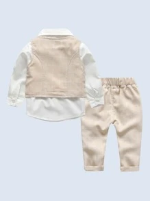 Conjunto de 3 peças para meninos, camisa branca de manga comprida com gravata borboleta, colete xadrez e calças, adequado para festa de aniversário, festa à noite, casamento, batizado, primeiro aniversário