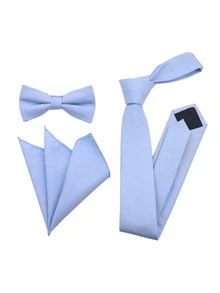 ZONFAZ 3pcs Men's Business Minimalist Versatile Bamboo Fiber Tie, Pocket Square And Bow Tie Set, Soft And Comfortable Texture, Suitable For Weddings, Celebrations, Parties And Daily Wear - Baby Blue - View 1