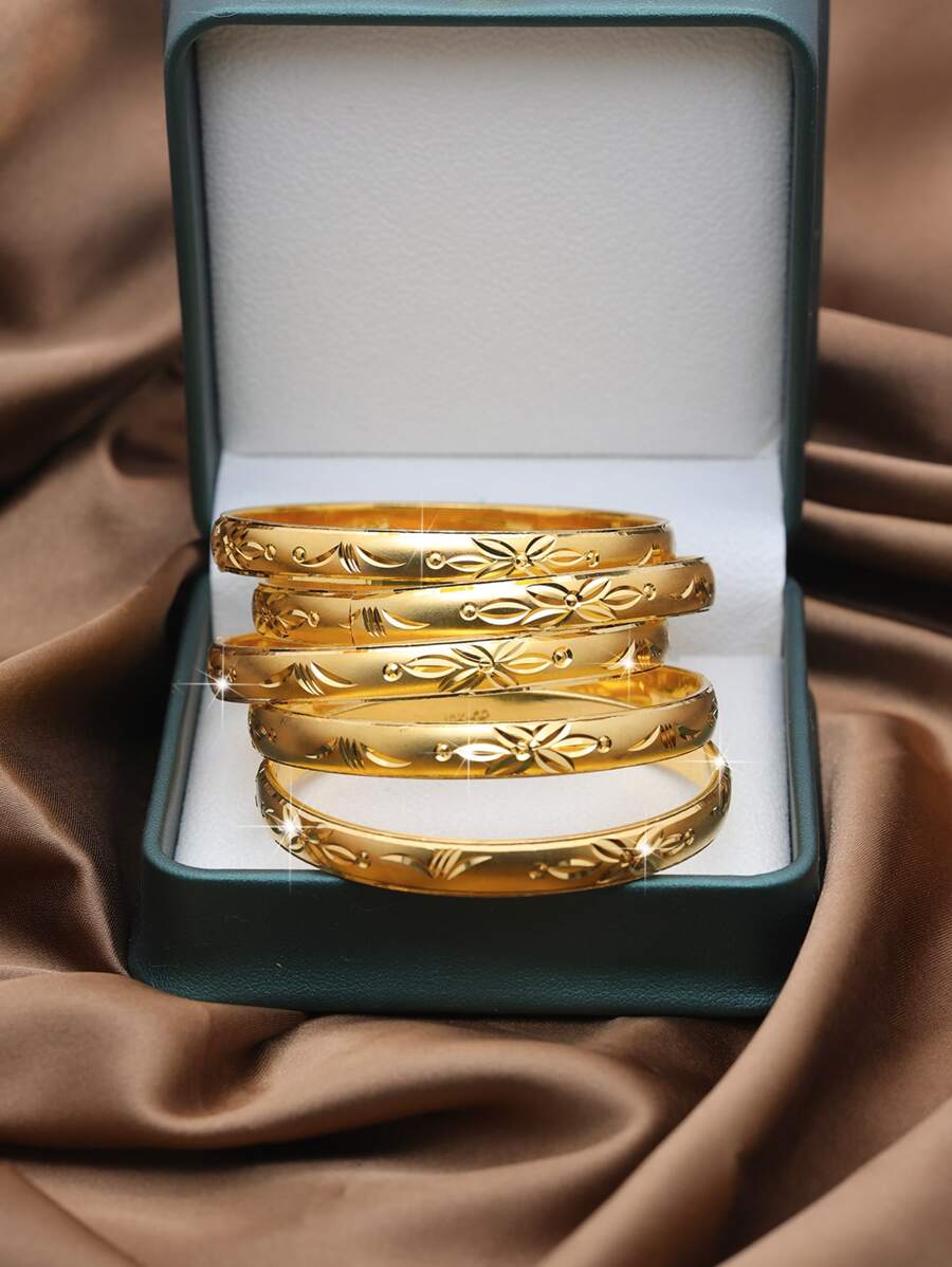 1/3/6 件手工雕刻 24K 镀金传统手镯，适合女性日常佩戴和送礼，无盒 - 金黃色 - 查看 1