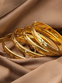 1/3/6 件手工雕刻 24K 镀金传统手镯，适合女性日常佩戴和送礼，无盒 - 金黃色 - 查看 2