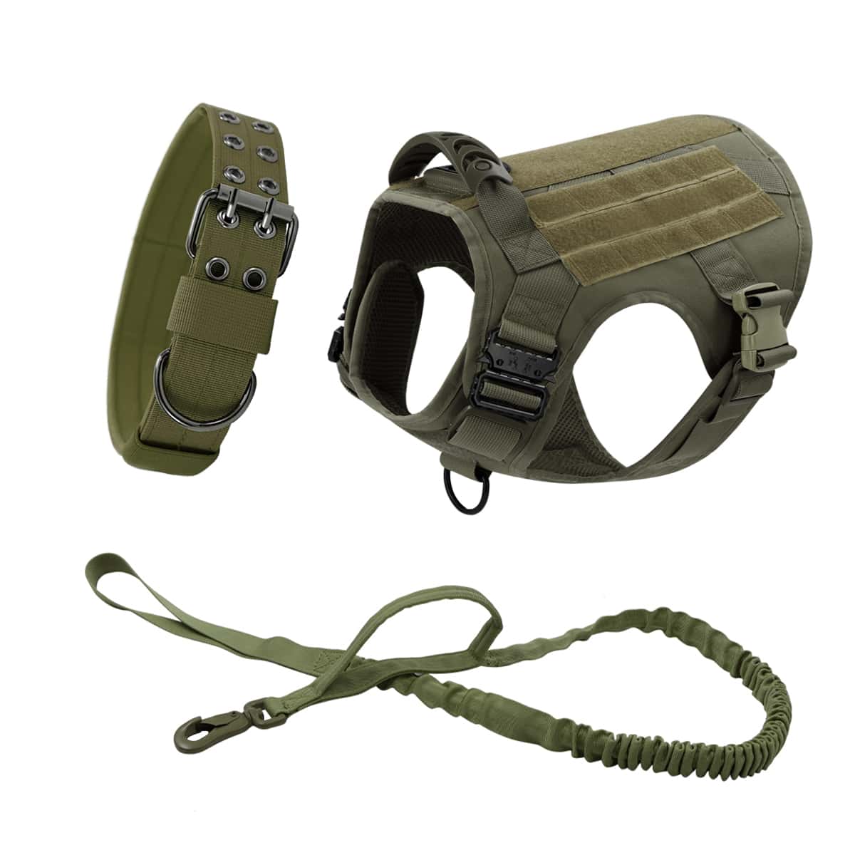 3 件/套可調式狗背帶,附項圈和皮帶,戶外訓練背心,帶易於控製手柄,適合小型至大型犬 - 軍綠色 - 查看 1