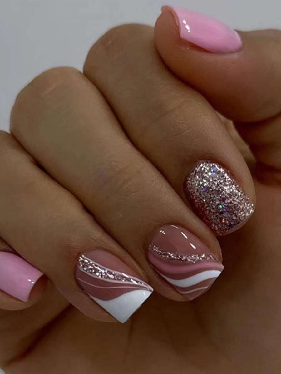 24pcs Short Square Shaped Cartoon Pattern False Nails With 1 Nail File And 1piece Of Jelly Gel Press On Nails Nail Supplies - Multicolor - View 1