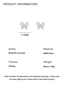 1雙時尚蝴蝶設計方晶鋯石裝飾999純銀耳釘,合適的適用於女性日常穿著