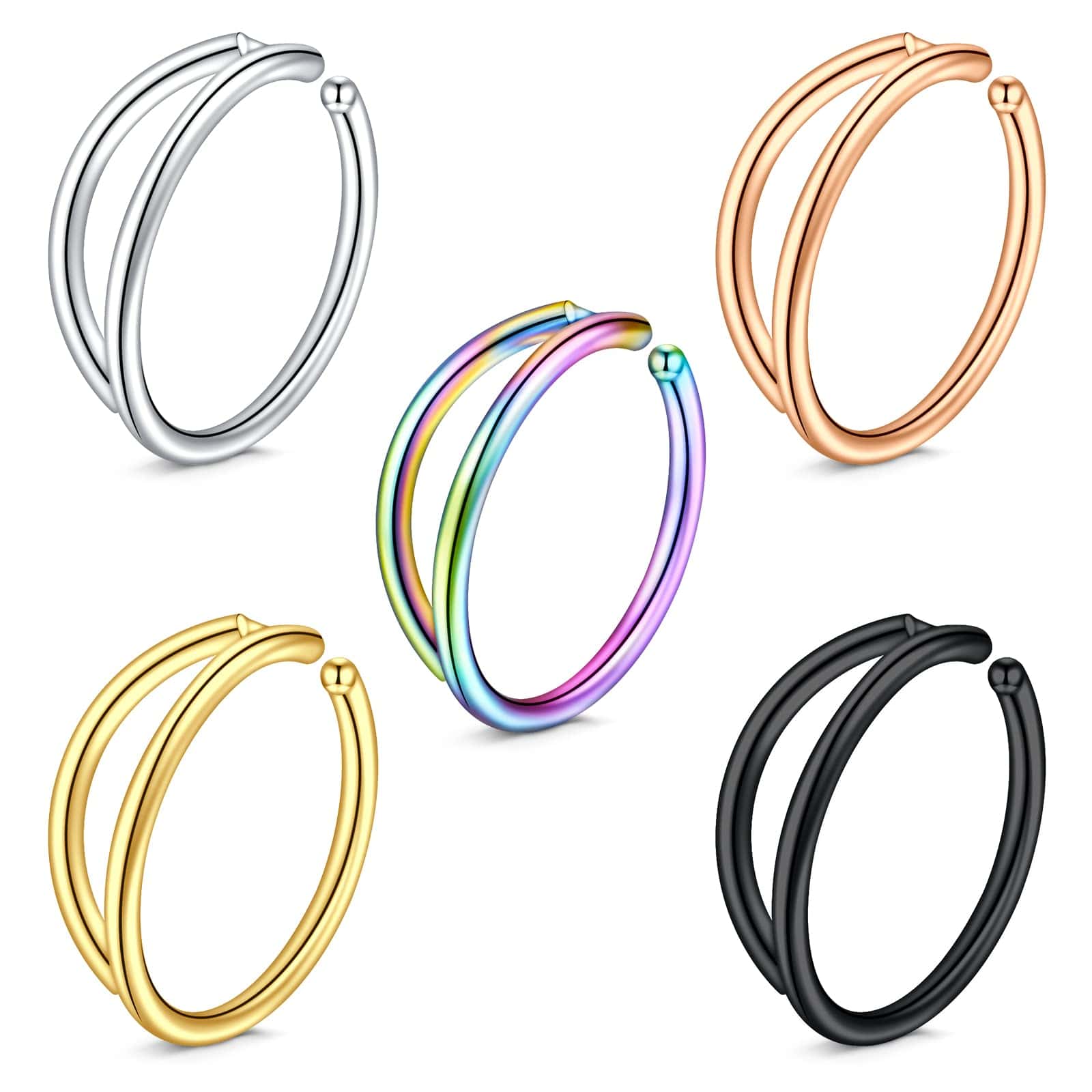 doble Aro para la nariz , agujero único doble aro Aro para la nariz , agujero único doble Aro para la nariz , Aro para la nariz con dos anillos , espiral Aro para la nariz para mujeres - 5 piezas - Ver 1