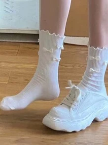 1pair Women's Cute Autumn/Winter Style Bowknot And Frill Edge Mid-Calf Socks, Fall - White - View 5