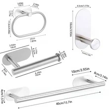 4入組不鑽孔浴室配件套裝,壁掛式不銹鋼五金套裝,包括毛巾架、馬桶紙盒、壁掛掛勾、衣架